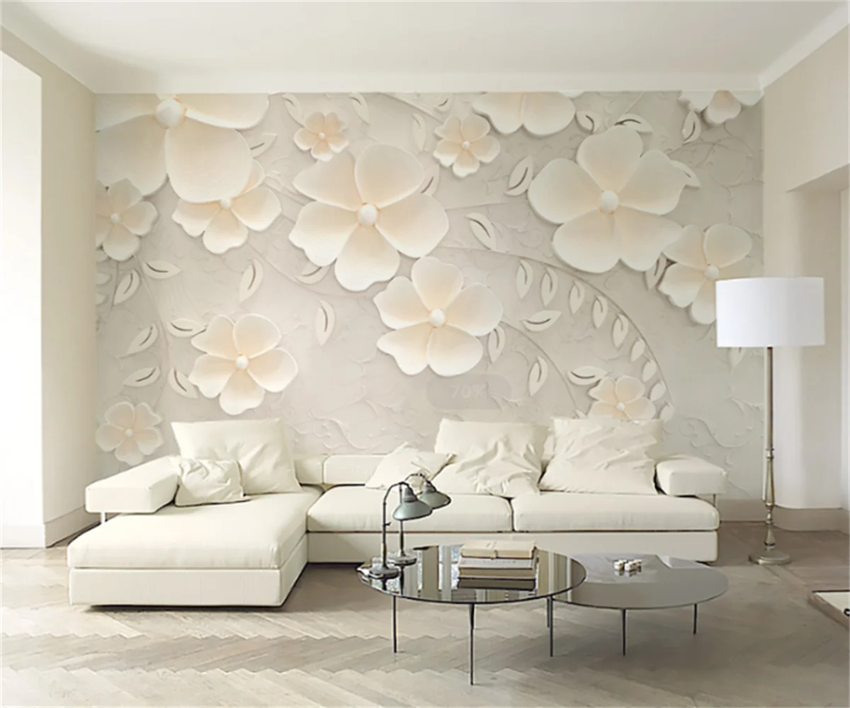 

Nordic beige embossed flowers 3d stereo TV sofa background wall stickers custom 3D any size hotel tooling wallpaper murals papel