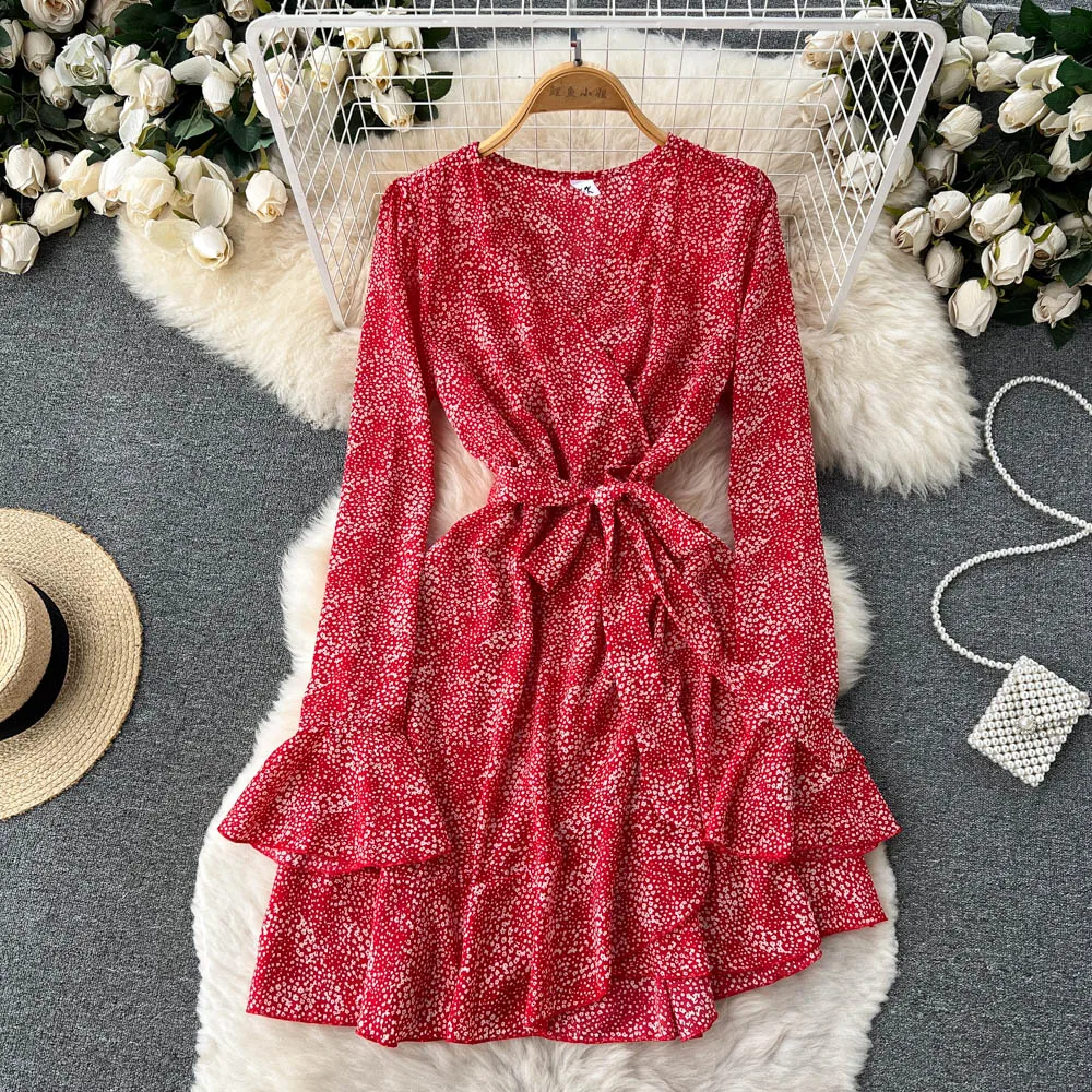 

New Fashion Red Floral Print V-neck Mini Dress Summer Women's French Chic Long Flare Sleeve Vintage Vestidos De Mujer J111