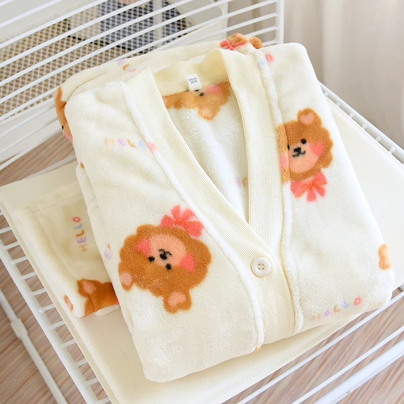 Autumn Winter Home Suit Flannel Plus Velvet Pajamas New Thickened Coral Fleece Homewear Thermal Warm V-neck Women Sleepwear Set