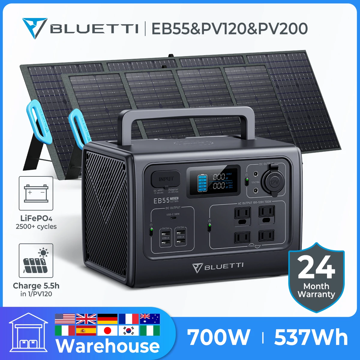 

BLUETTI EB55 Portable Power Station With Solar Panel 700W 537Wh Solar Station Generator LiFePo4 Battery Emergency Camping Supply