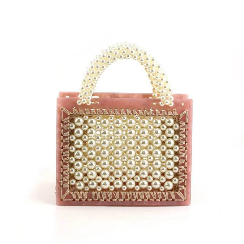 Handmade Crochet Acrylic Frame Ladies Clutch Beach Bags Ins Hot High Quality Pearl Beaded Knitted Purse Women Evening Purse