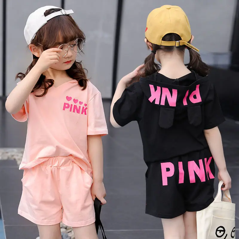 

2022 spring summer Casual Children clothes girls black pink short hoodie t shirt + hot pants Outfits 8 9 10 11 12 year