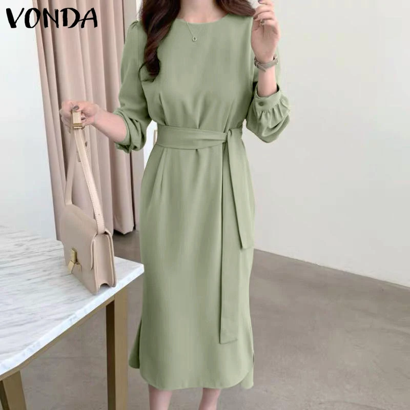 

VONDA Elegant Women Sundress Long Sleeve Party Dress 2022 Summer Casual Midi Dresses Ladies Vestidos Solid Belted Shirt Sundress