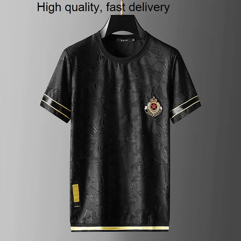 

high-end fashion European ribbon splicing jacquard short sleeve t-shirt men's 2023 summer new large Korean casual half sleevetop