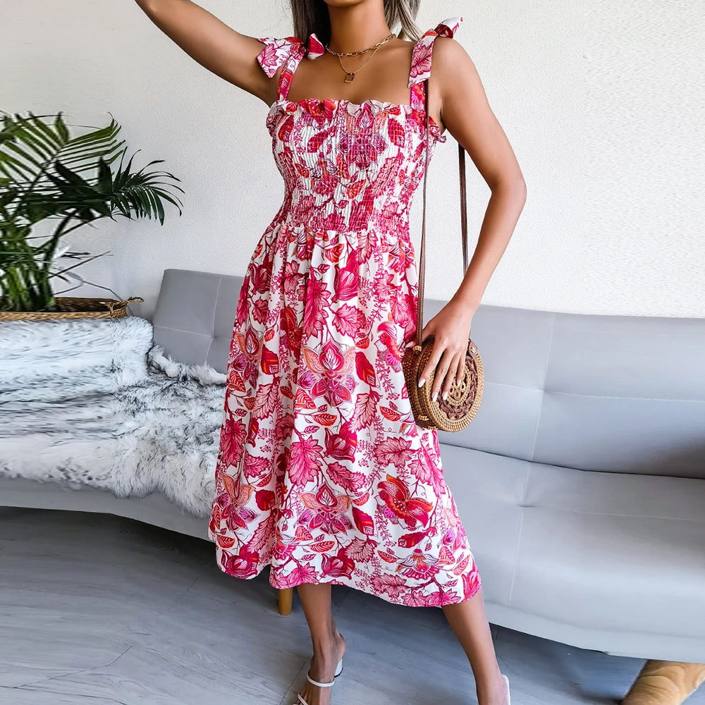 

Summer Flower Print Sling Women Dresses Retro Sling Lace Up Sleeveless Pleated Fashion Vacation Casual Lady Midi Dress Vestidos