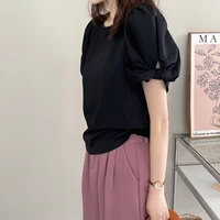 fashion womens t shirt 2022 summer casual round neck puff sleeve solid color short sleeve tee korean chic pretty lady loose top
