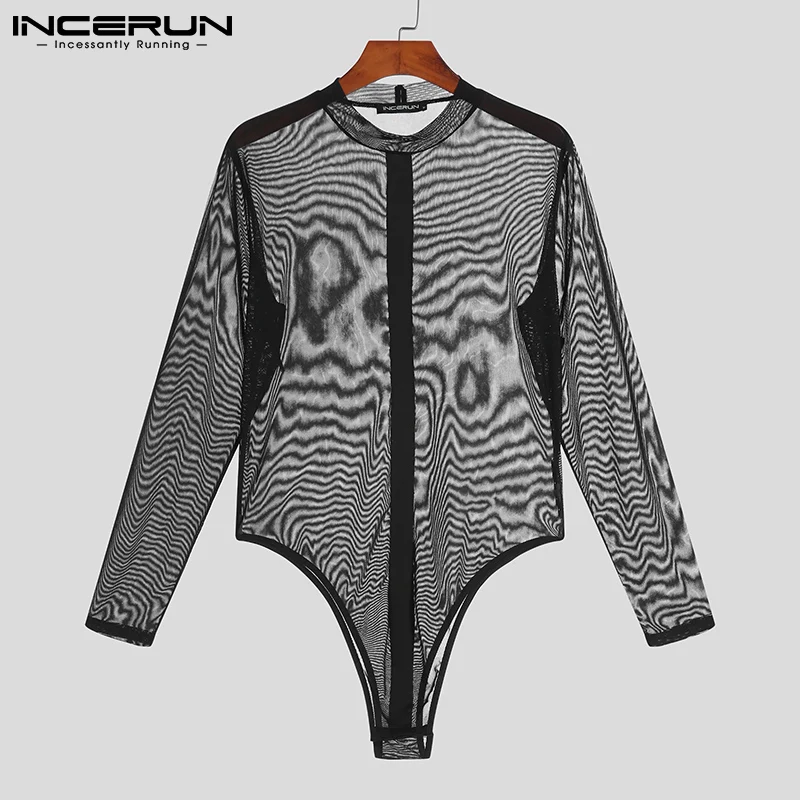 

INCERUN Sexy Leisure New Men Breathable Mesh Bodysuits Stylish Male See-through Elastic Zipper Long-sleeved Jumpsuits S-5XL 2022