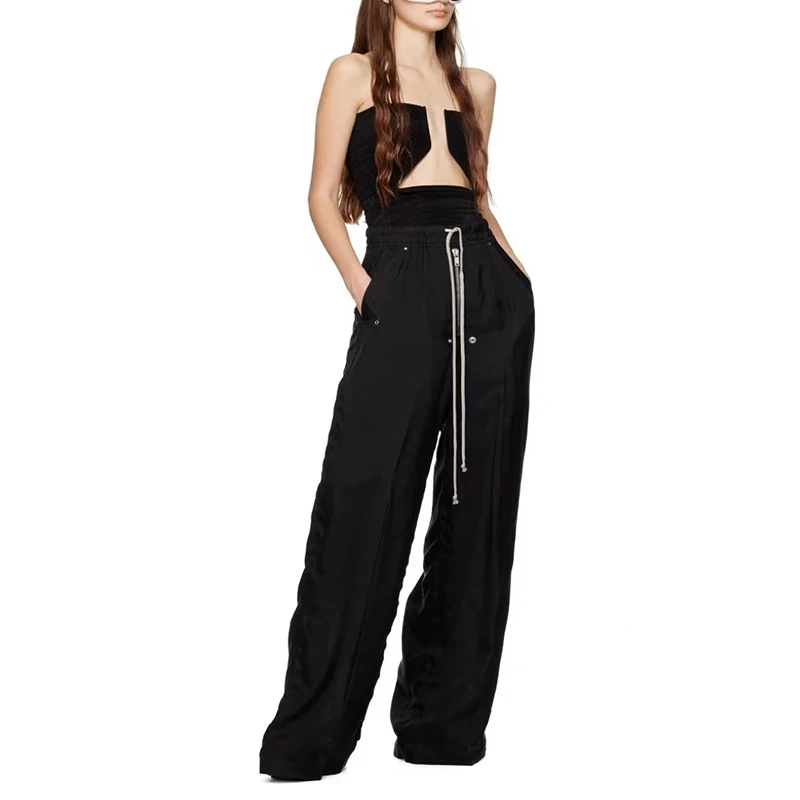 Copper ammonia silk wide-legged pants 2023 summer new casual fashion drawstring pants black hundred with straight women's pants