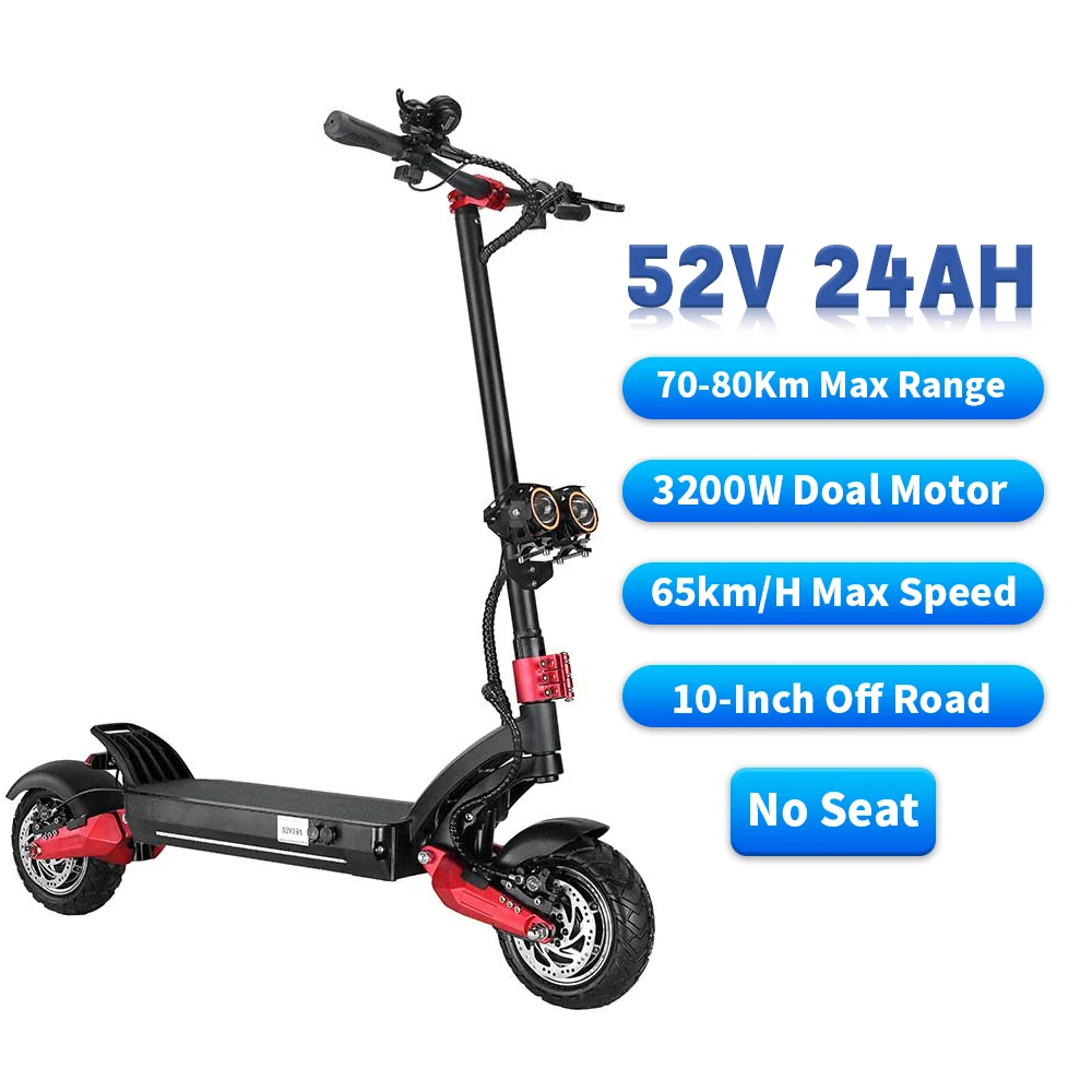 

3200W 52V 24ah Off-road Electric Scooter For Adult with Seat 70-80KM Range Folding Waterproof Dual Motor 65km/h 10 inch E-bike
