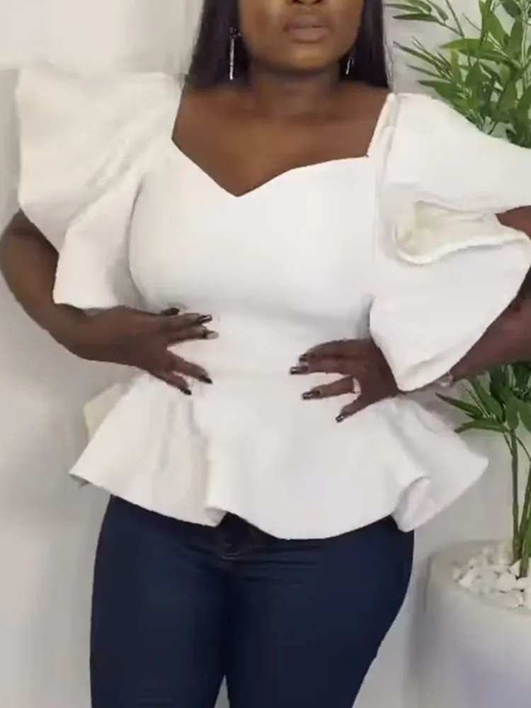

Africa Women Summer White Top Blouse Ruffles Short Sleeve Peplum Fashion Big Size Blusas Mujer Party Office Date Night Blouses