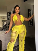 knitted crochet two pieces set women sexy halter backless bra top crocheted bodycon pants hollow out 2022 summer beach outfits