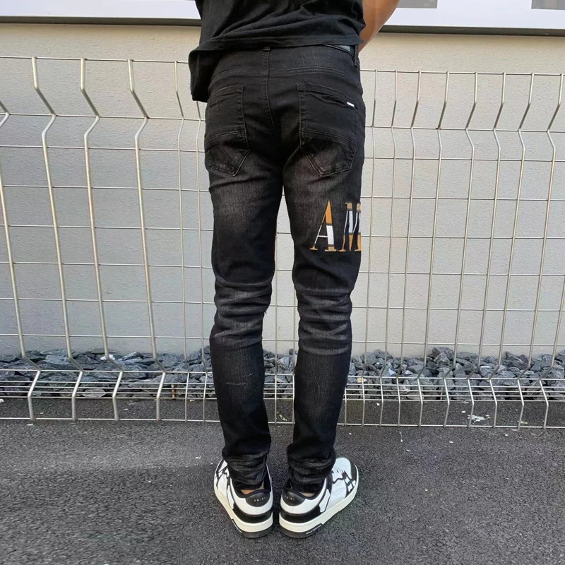 Street Fashion Men Jeans Buttons Fly Retro Black Gray Stretch Skinny Ripped Jeans Men Patch Designer Hip Hop Brand Pants Hombre