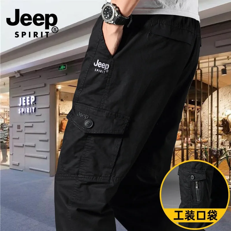 Jeep Spring and Autumn Thin Cotton Overalls Men's Loose Washed Casual Trousers High Waist Straight Multi-pockets