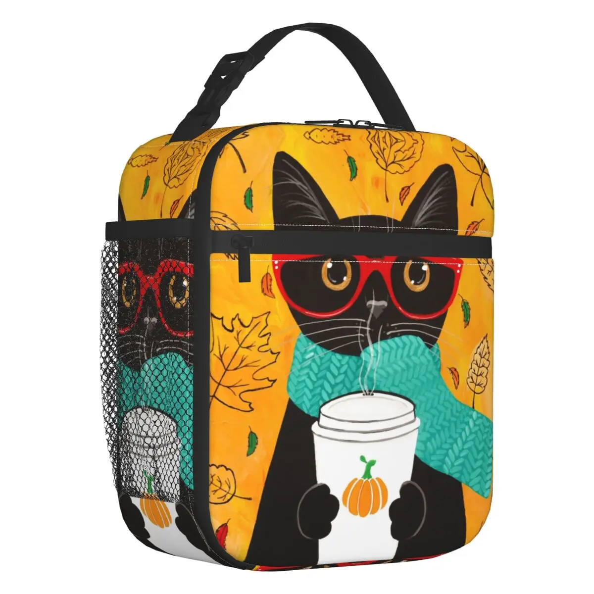 

Изолированная сумка для обеда с изображением черного кота для женщин, герметичная Осенняя Термосумка для обеда с изображением тыквы и кофе, термоохлаждающая коробка для обеда, для офиса, работы, школы