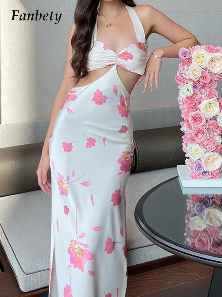 

Sexy Sweet Women Floral Print Slit Dresses Fashion Halter Hollow Out Slim Maxi Dress Women Elegant Backless Party Dress Vestidos