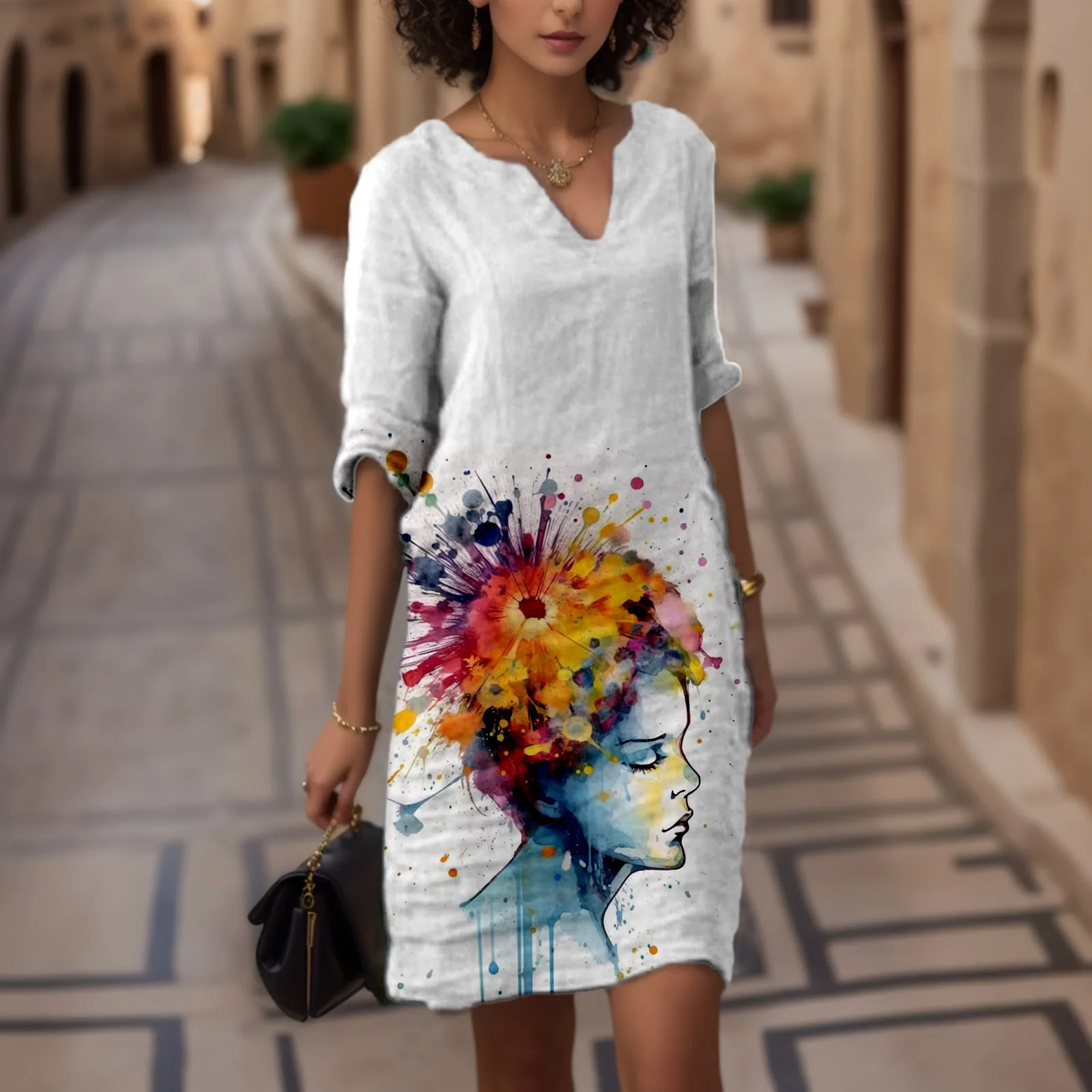 Винтажное платье с принтом летнее для отдыха V-образным вырезом и рукавом 3/4