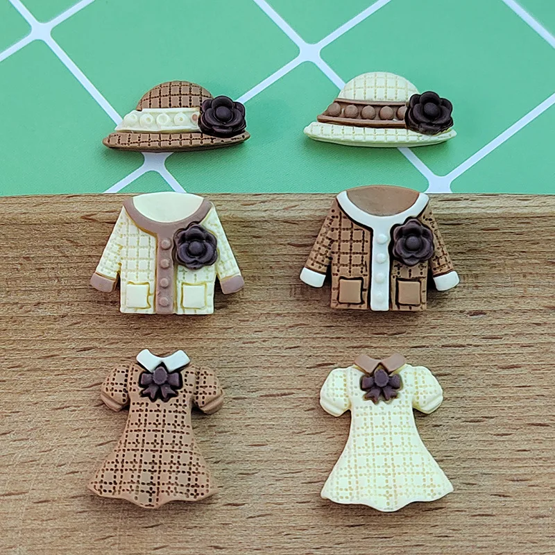 

10pcs coffeeresin cabochon cartoon clothing bag hat bow dress flatback for diy jewelry making