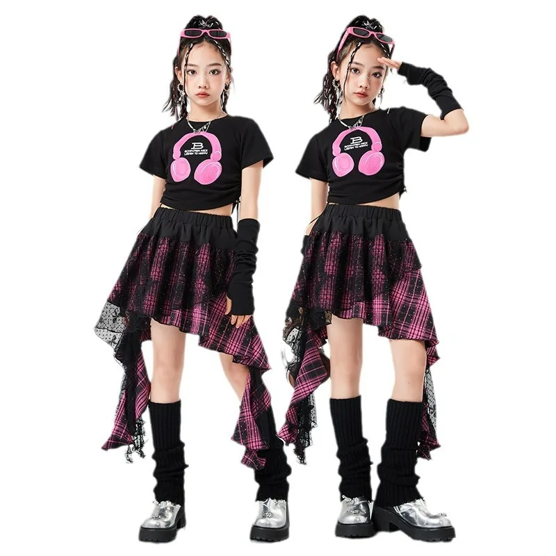 Фото Укороченный топ для девочек в стиле хип-хоп, газовая юбка K-pop для уличных танцев, Детская уличная одежда, костюмы для джазовых чарлидинга, комплекты одежды №3