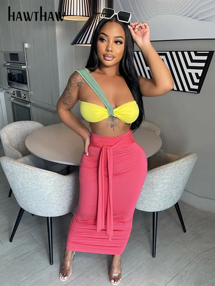 

Hawthaw Women Strapless Tube Tops High Waist Long Skirt Beach Vacation Two Piece Set Outifits 2022 Summer Clothes Dropshipping