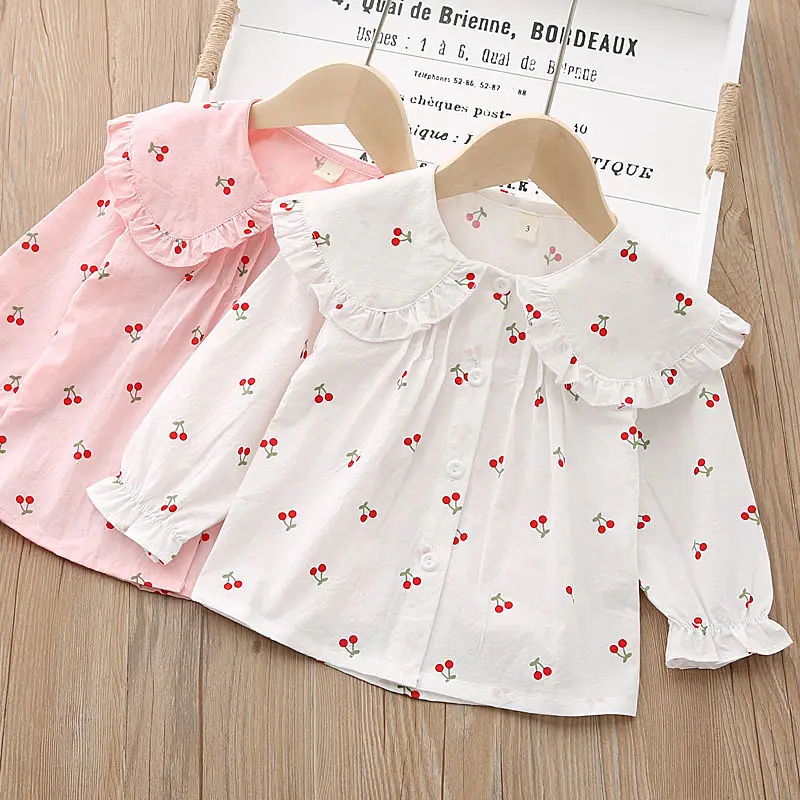 Girls Cotton Spring Autumn Lapel Korean Shirt Baby Blouses Foreign Air Little Cherry White Shirt Underneath 4-6Y Camisa Hemden enlarge