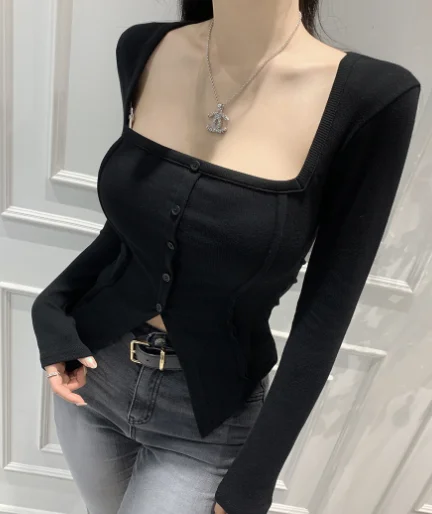 Топ Slim Fit Long Sve Футболка Dongda Gate Autumn Sle Pure Color Квадратный воротник на одной пуговице Повседневная женская длина (art.: 3920cfd419f24) - 3920cfd419f24