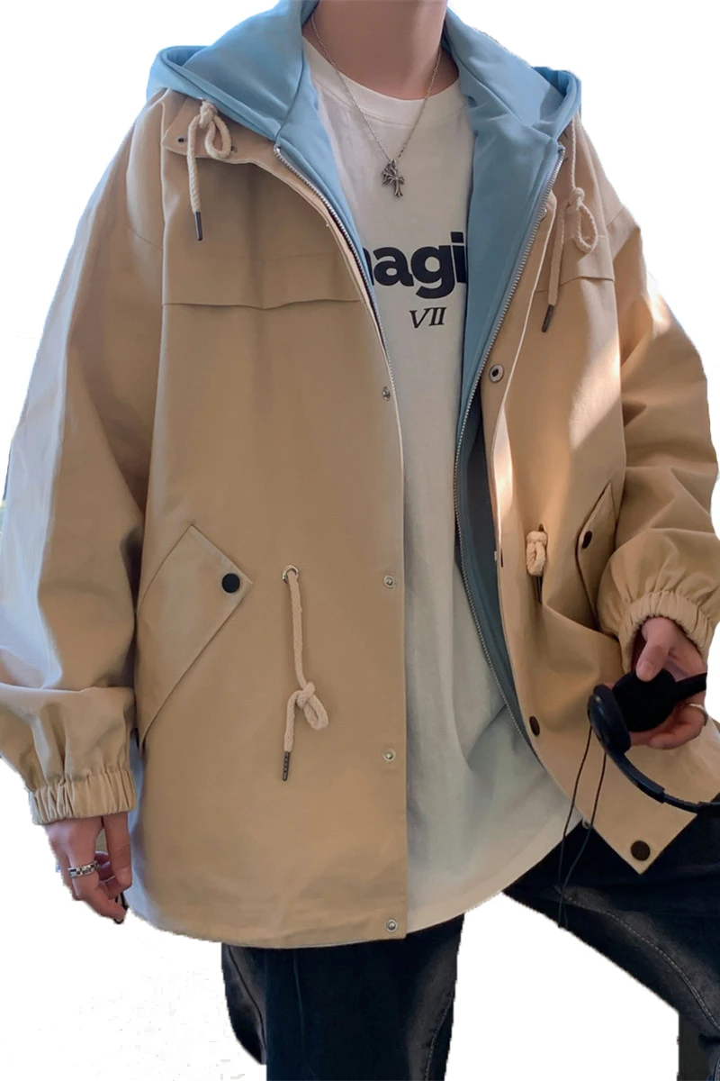 

Spring Men's Double Collar False Two Pieces Loose Cotton Jacket Popular Casual Shopping Tide Drawstring Windbreaker Jacket