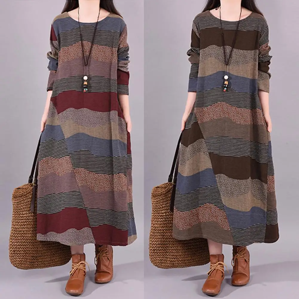 

Vacation Dress Pullover Maxi Dress Fall Winter Striped Print Loose Long Dress