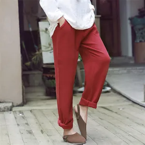 Женские брюки из хлопка и льна, прямые однотонные брюки свободного покроя, Винтажные эластичные штаны, осень-лето 2022