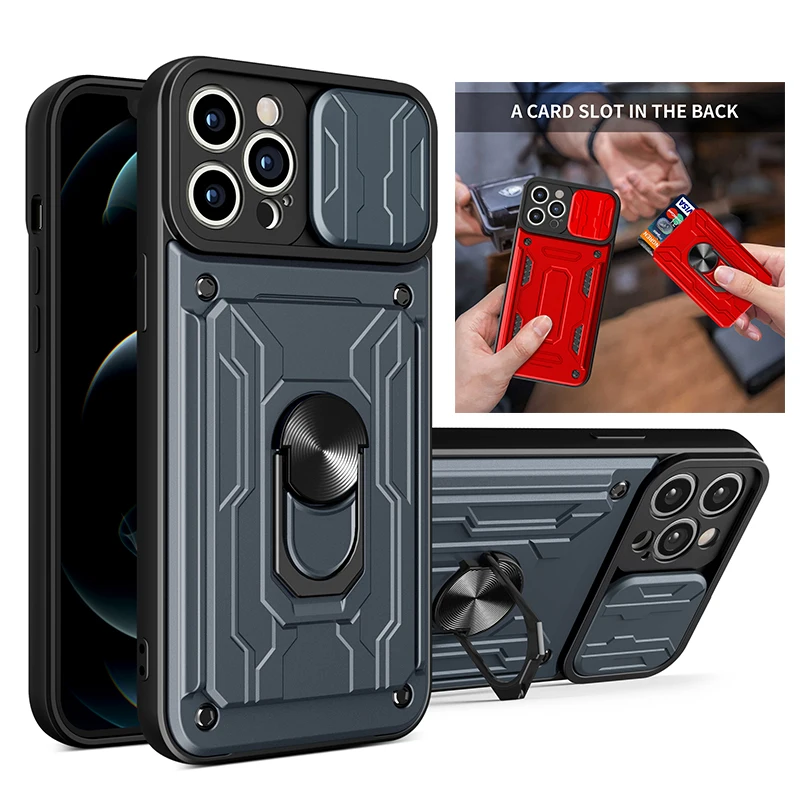 

Card Slot Bag Phone Case For iPhone 13 Pro MAX 12 Pro 11 XS XR 8 7 Plus Shockproof Armor Stand Slide Door Camera Magnetic Cover