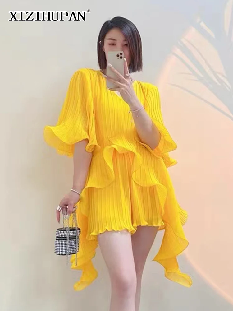 

XIZIHUPAN Elegant Solid Two Piece Set For Women V Neck Half Sleeve Irregular Tops High Waist Shorts Female Sets 2022 Clothes New