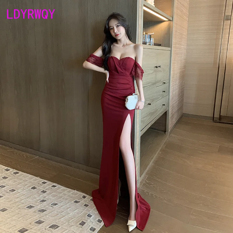 

2022 Sexy low-cut, one-line neckline, strapless, long dress temperament, bust and hip Office Lady Zippers