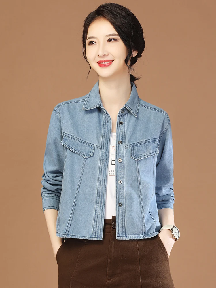 

HCXR Women Jackets 2023 Autumn Turn-down Collar Long Sleeve Loose Pure Color All-match Short Denim Jacket