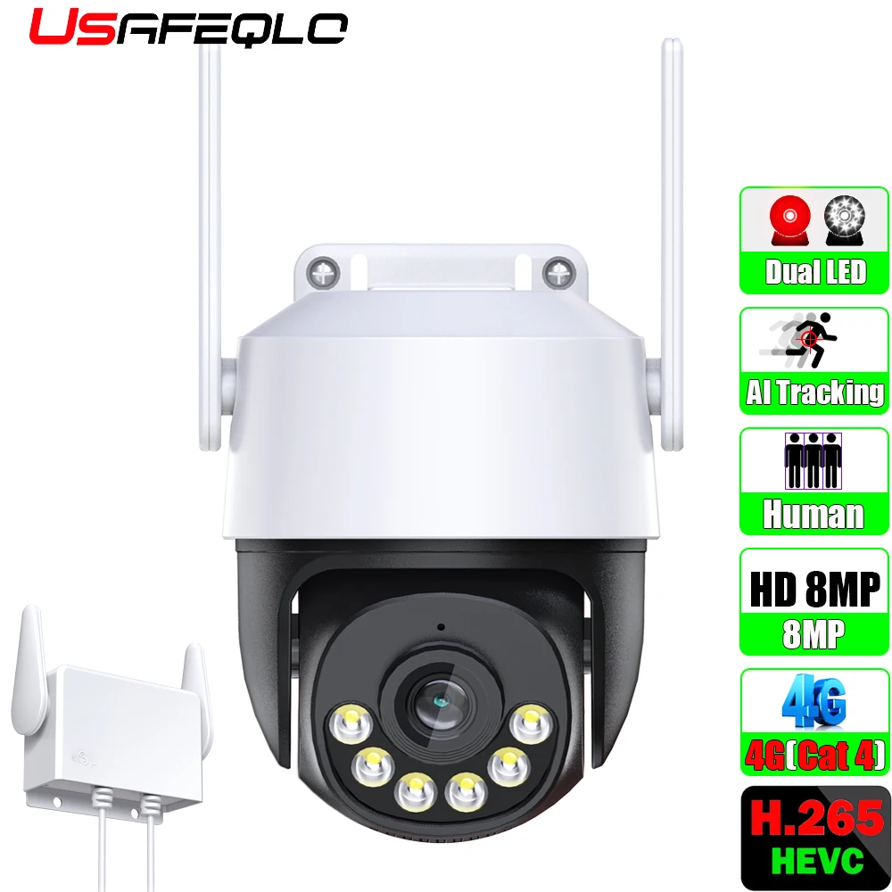 

USAFEQLO 4G Wi-Fi IP-камера наружная 8-мегапиксельная сим-карта PTZ-камера Ai отслеживание человека видеонаблюдение CCTV камера Cecurity