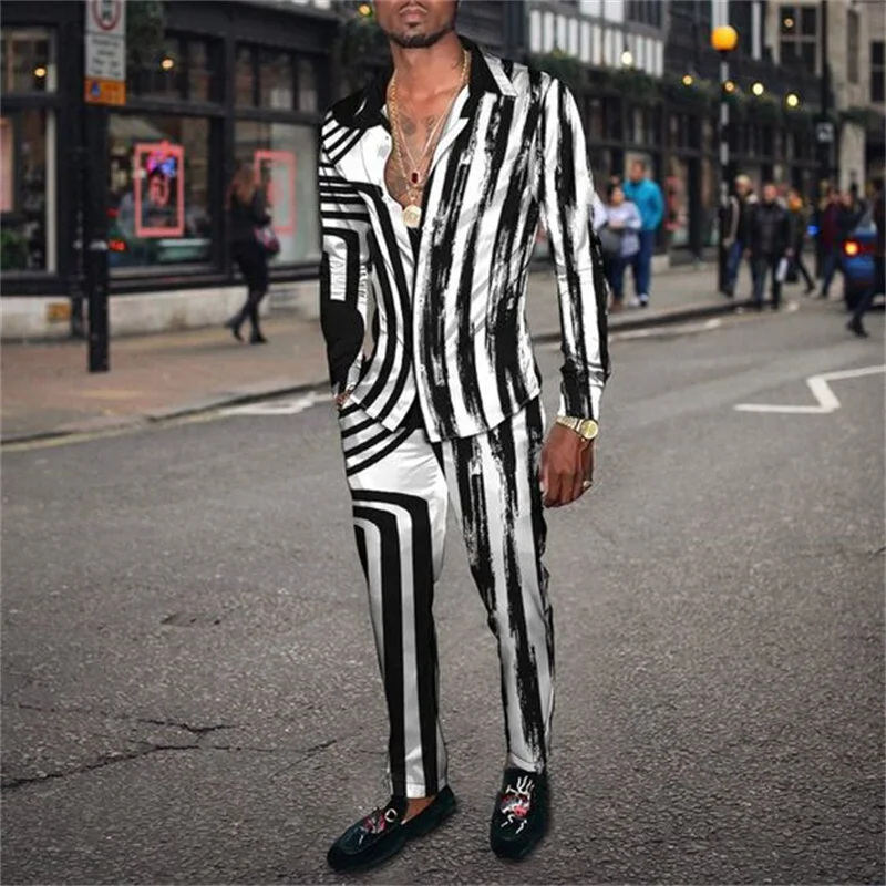 2022 autumn leisure plaid two-piece men's long sleeve lapel shirt suit pants suit fashion men's new suit men's walking suit