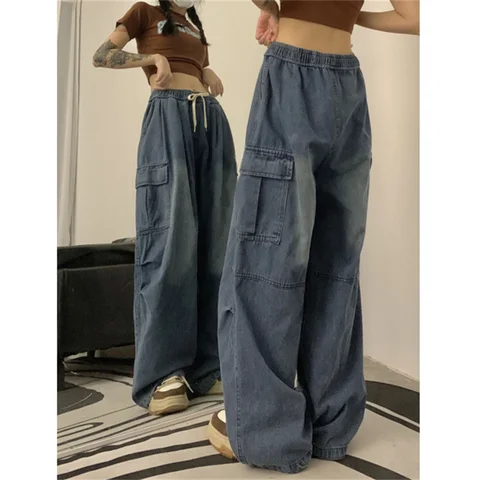 American Retro loose Denim cargo pants women's casual elastic waist Big Pocket Wide Leg baggy jeans Female Y2K pantalones aesthe