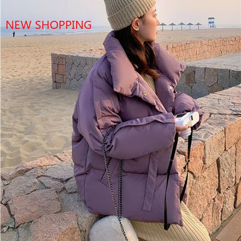 Solid Violet Color New Short Winter Jacket Women Warm Cotton Jackets Parkas Female Casual Loose Outwear Korean Padded Coats
