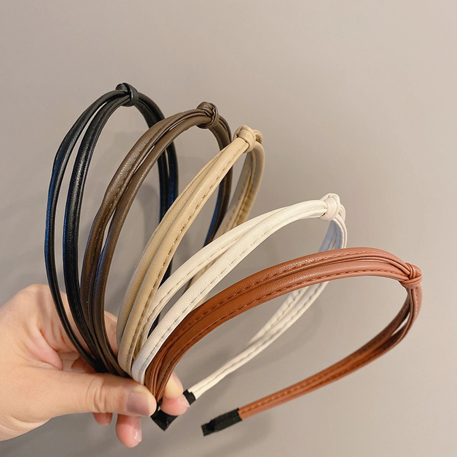

Vintage Knotted Ultrafine PU Leather Hair Hoop Braided Hair Bands For Girls Solid Color Headband Hair Accessories For Women