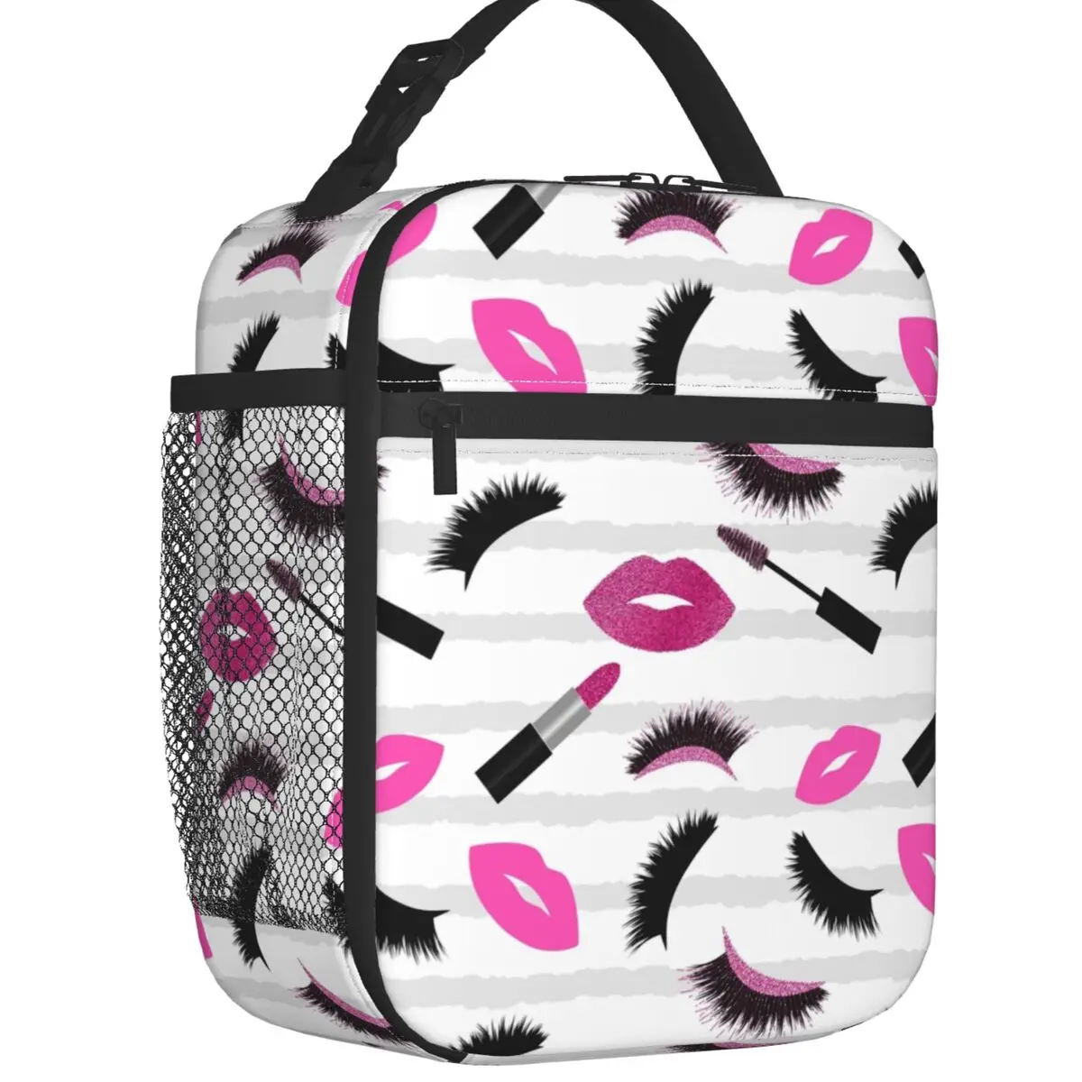 

Eyelash Lashes Thermal Insulated Lunch Bag Pink Glitter Lips Mascara Lipstick Portable Lunch Container Multifunction Food Box