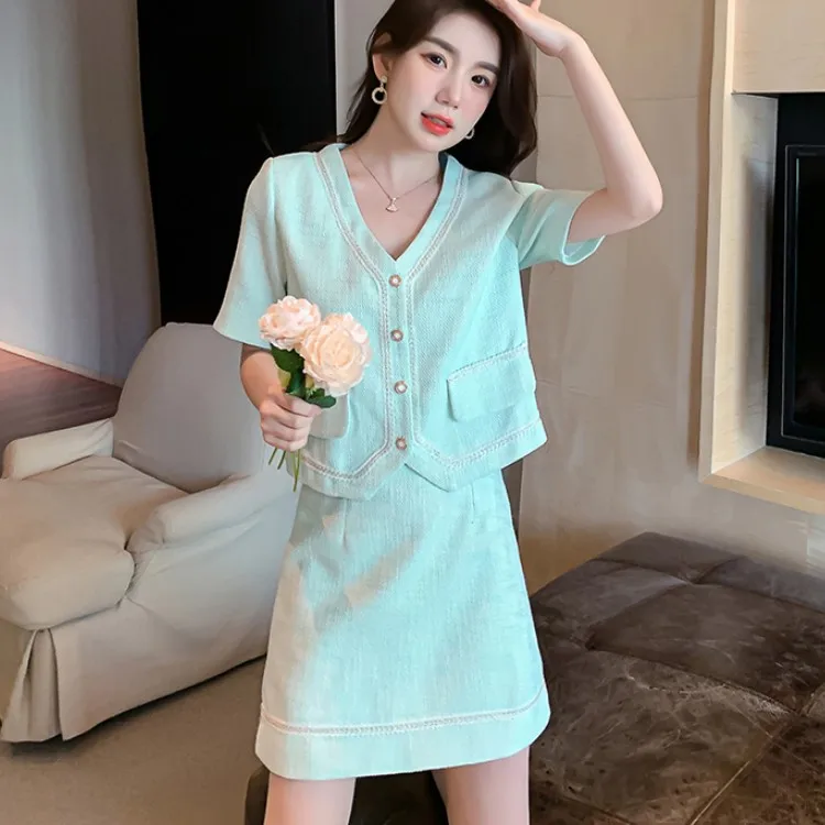 

Женский твидовый комплект из двух предметов, элегантный винтажный однобортный Топ с V-образным вырезом и коротким рукавом и юбка мини с высо...