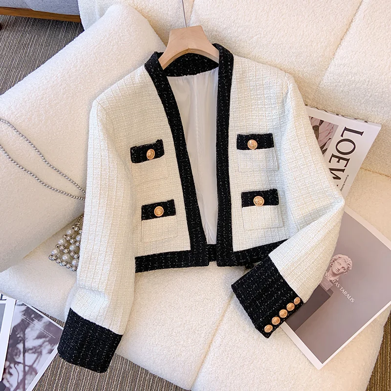 

Elegant Design Cropped Tweed Jacket Female Blazer Coat Korean Fashion V Neck Short Coat Spring Vintage Luxury Chaquetas Outwear