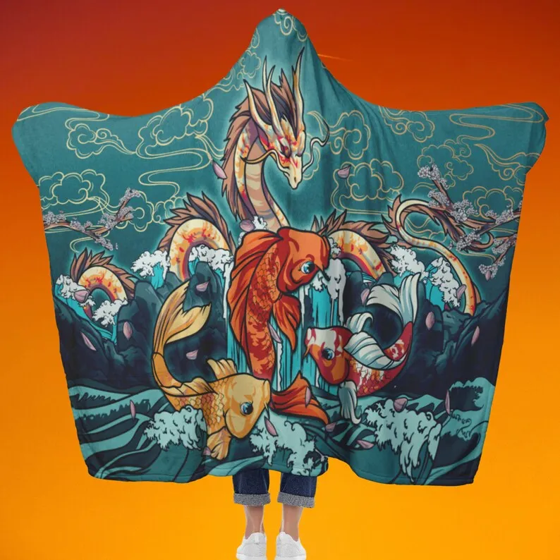

Koi Dragon Fantasy Hooded Blanket, Sherpa hooded blanket, Fleecy fantasy blanket, Oriental art blanket