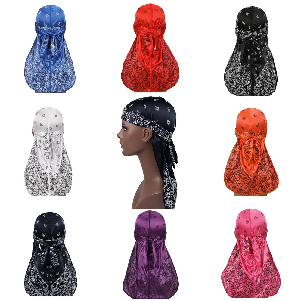 

Premium Men Silk Durag Paisley Design Printing Silky Durags Long Straps Headwear Head Scarf Wave Cap Headwrap Durags