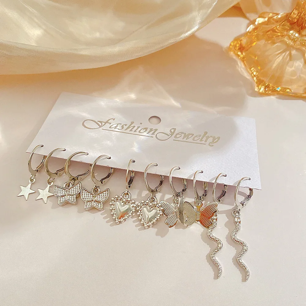 

Silver Color Heart Dangle Earrings Set Vintage Butterfly Metal Geometric Drop Earring for Women 2023 Fashion Trendy Jewelry Gift