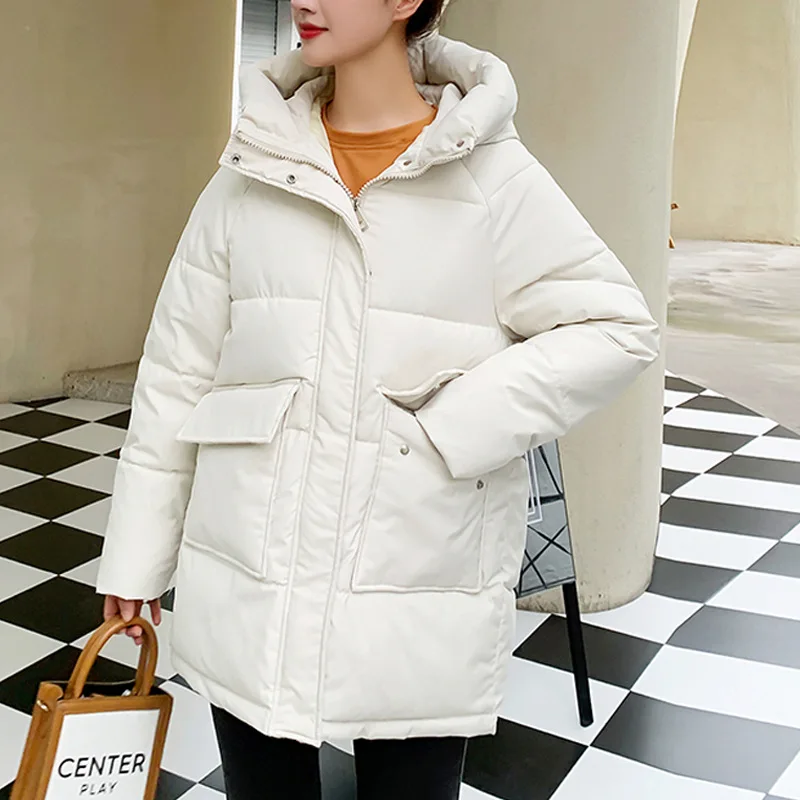 Autumn Winter Medium Long Parka for Women Casual Street Fashion Solid Coat Loose Warm Hooded Cotton Jacket Outwear