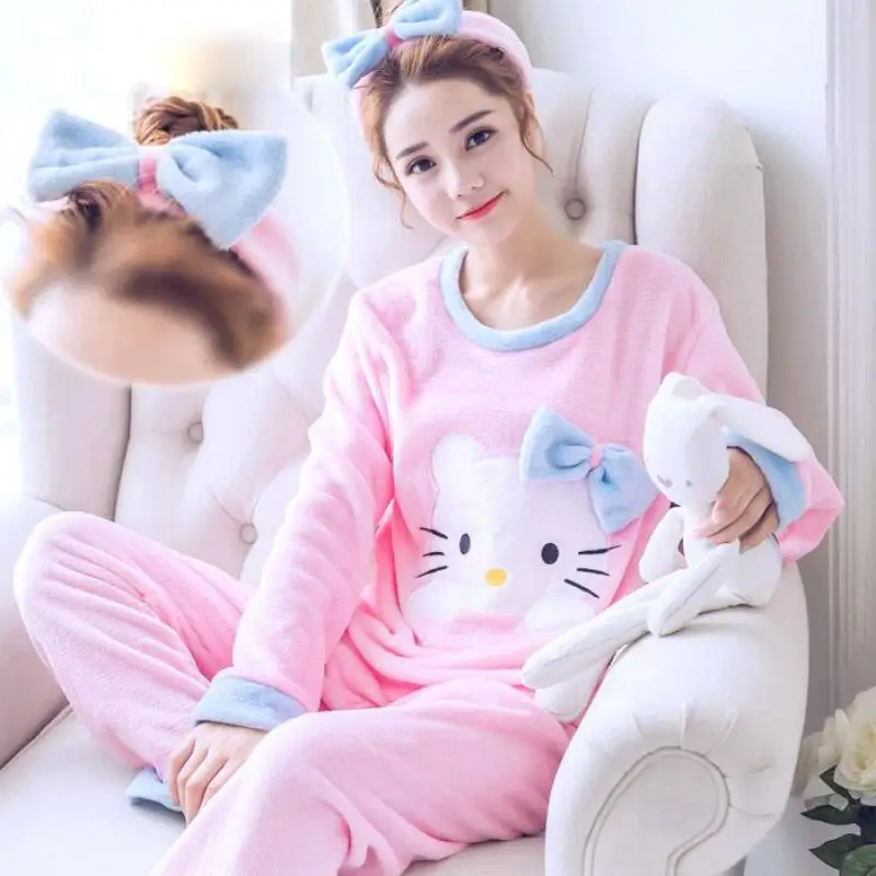 

Hello Kittys Pajamas Female Sanrios Coral Fleece Korean Version Anime Autumn Winter Kawaii Flannel Thicken Long Sleeve Set