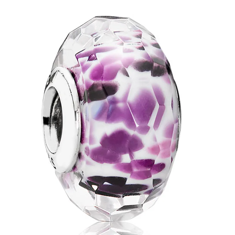 New 925 Sterling Silver Charm Pink White Purple Rose Flower Shoreline Sea Murano Glass Beads Fit Pandora Bracelet DIY Jewelry images - 6