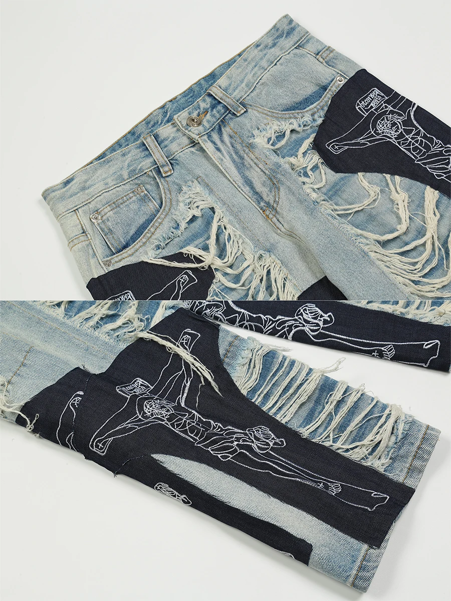 European and American High Street Hole Embroidery Loose Straight Jeans Men and Women Hip-hop Stitching Long Pants Denim Men's