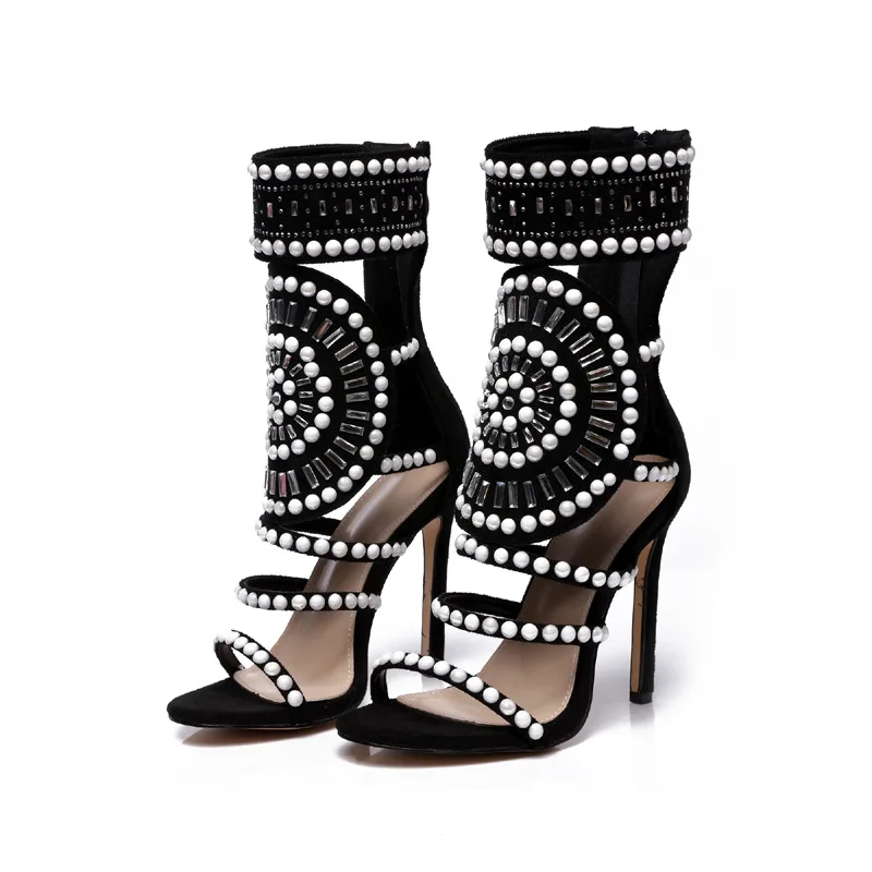 

Women Fashion Open Toe Rhinestone Design High Heel Sandals Crystal Ankle Wrap Glitter Diamond Gladiator Black Size 35-42