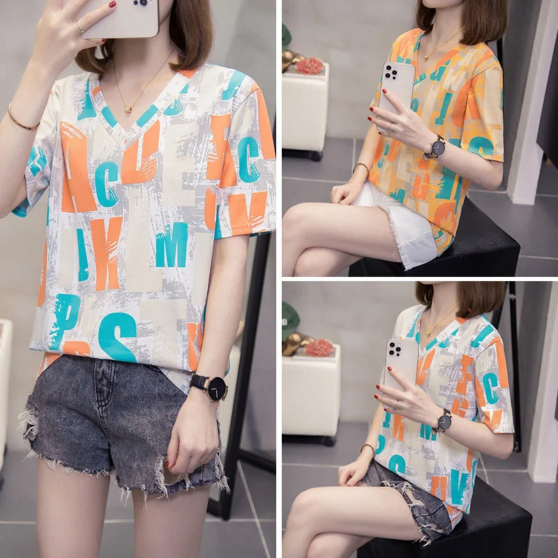 Футболка женская оверсайз с V-образным вырезом базовая Повседневная Свободная