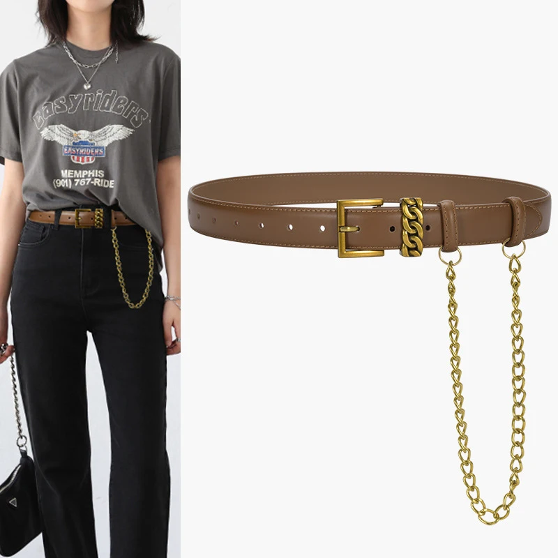Punk Fashion Leather Belt For Women Metal Buckle Waist Chain Strap Luxury Brand Designer Female Jeans Dress Decoration Waistband